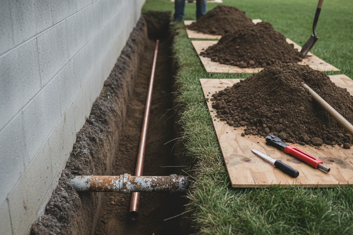 Excavated water line trench during Sewer Line Repair in Elkin